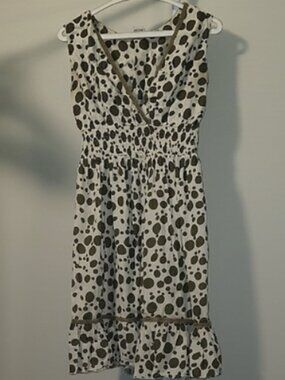 Polka Dot Midi Dress Women's S Green White Smocked Waist Ruffle Summer Casual